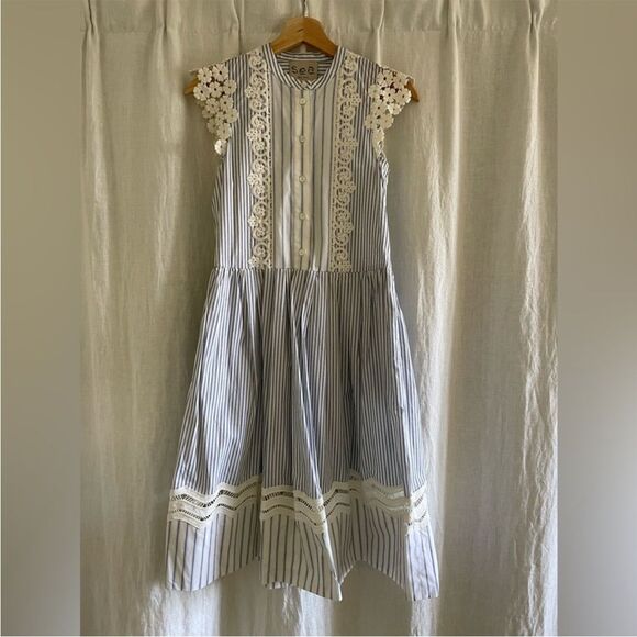 Sea New York blue & white stripe cotton midi dress with lace detail. Size 0. - Picture 2 of 10